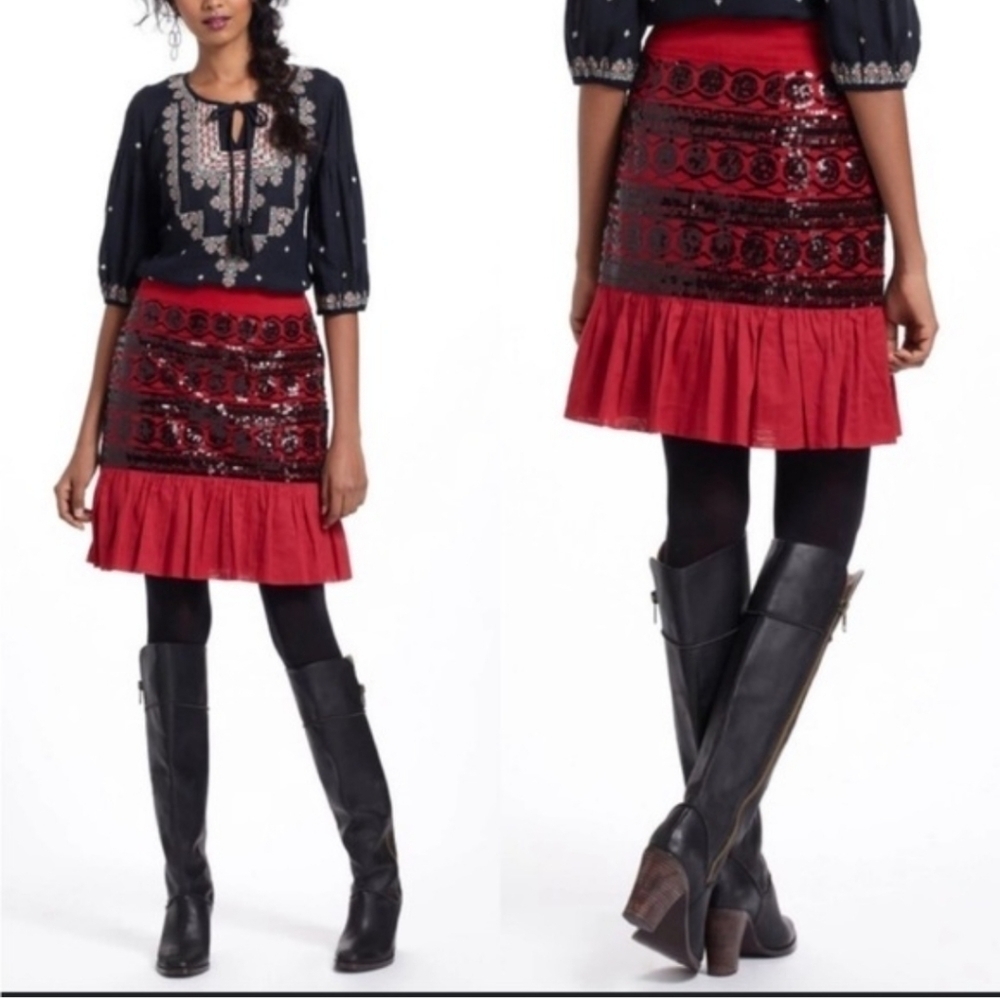 Anthropologie Moulinette Soeurs "Seulta" Red & Black Sequin Ruffle Skirt